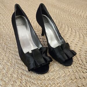 Stuart Weitzman Black Satin Peep-Toe Gigiritz Heels